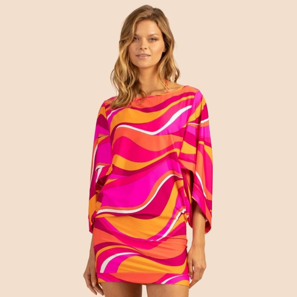 Trina Turk Women's S Vivid Vista Swim Tunic Dress Beach Swim Coverup Pink Orange
